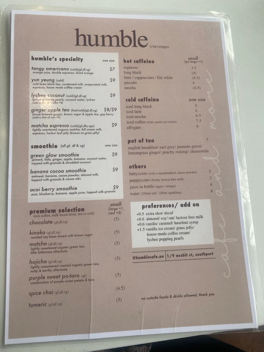 Menu, humble cafe