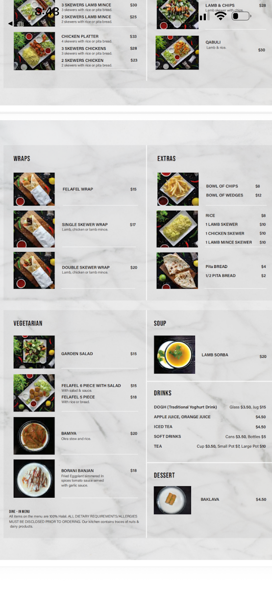 Menu, Afghani Charcoal Kebab House