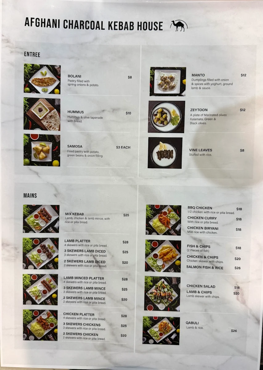 Menu, Afghani Charcoal Kebab House