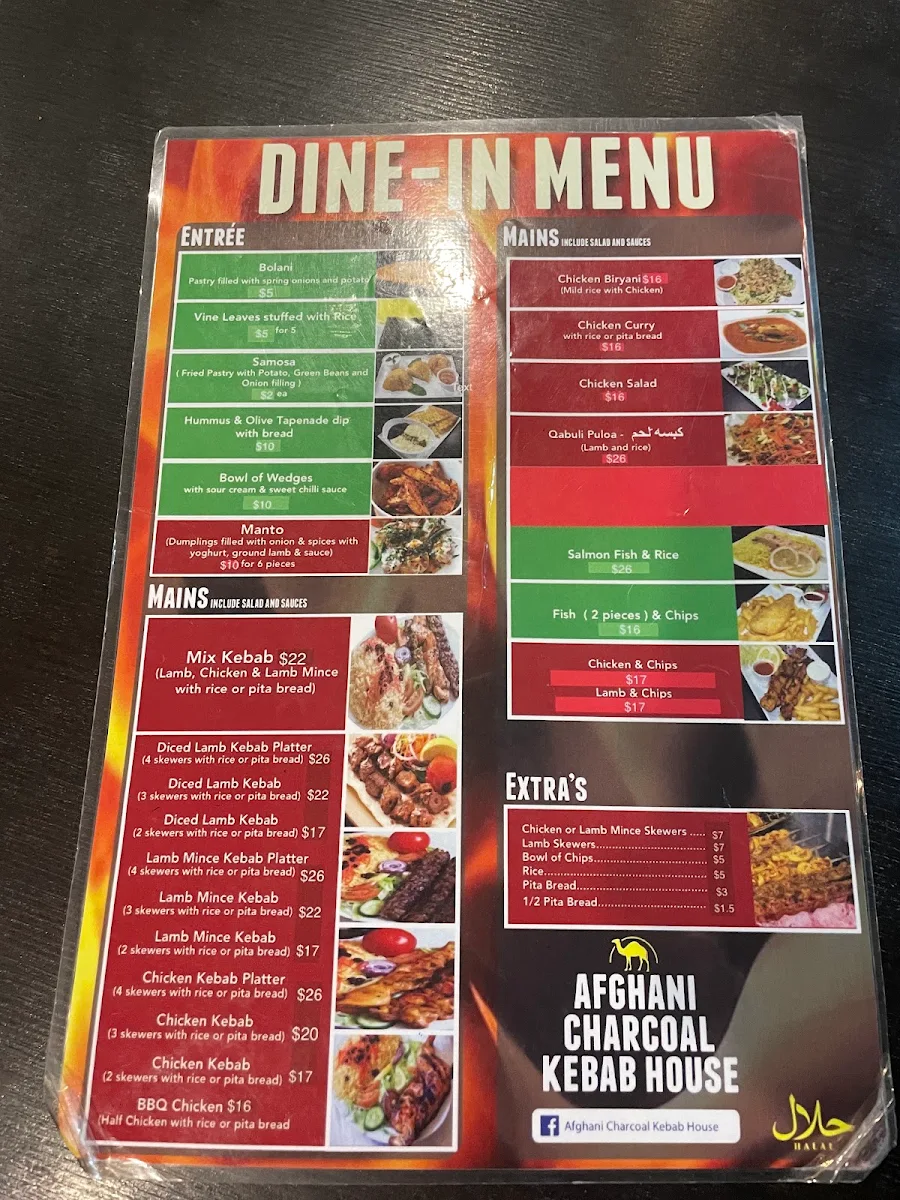 Menu, Afghani Charcoal Kebab House