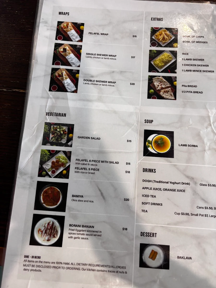 Menu, Afghani Charcoal Kebab House