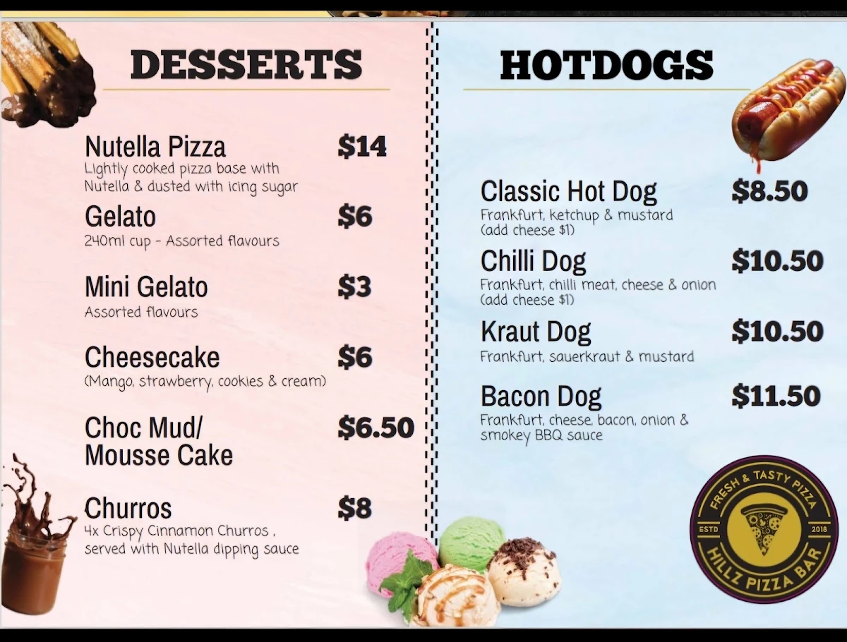 Menu, Hillz Pizza Bar