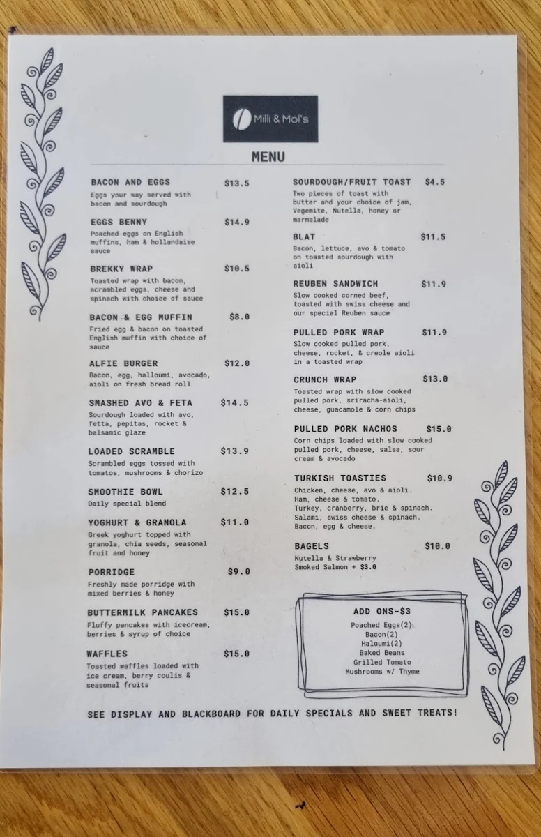 Menu, Milli & Mol's Espresso