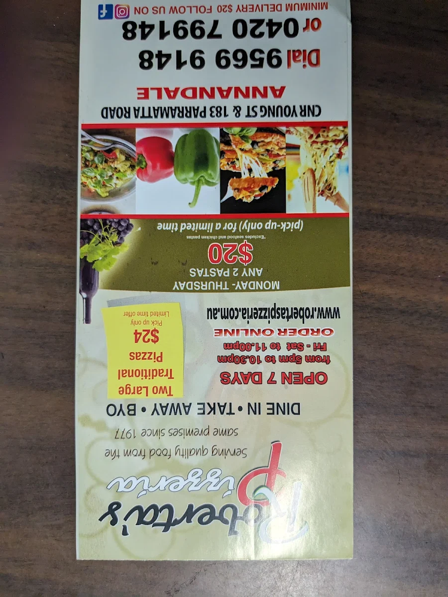 Menu, Roberta's Pizzeria