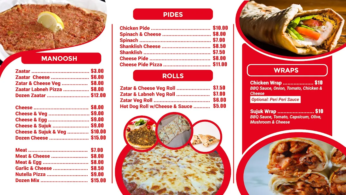 Menu, 5 Star Manoosh & Pizza