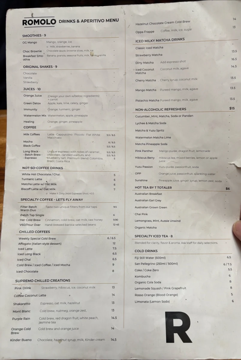 Menu, Romolo Espresso Cucina