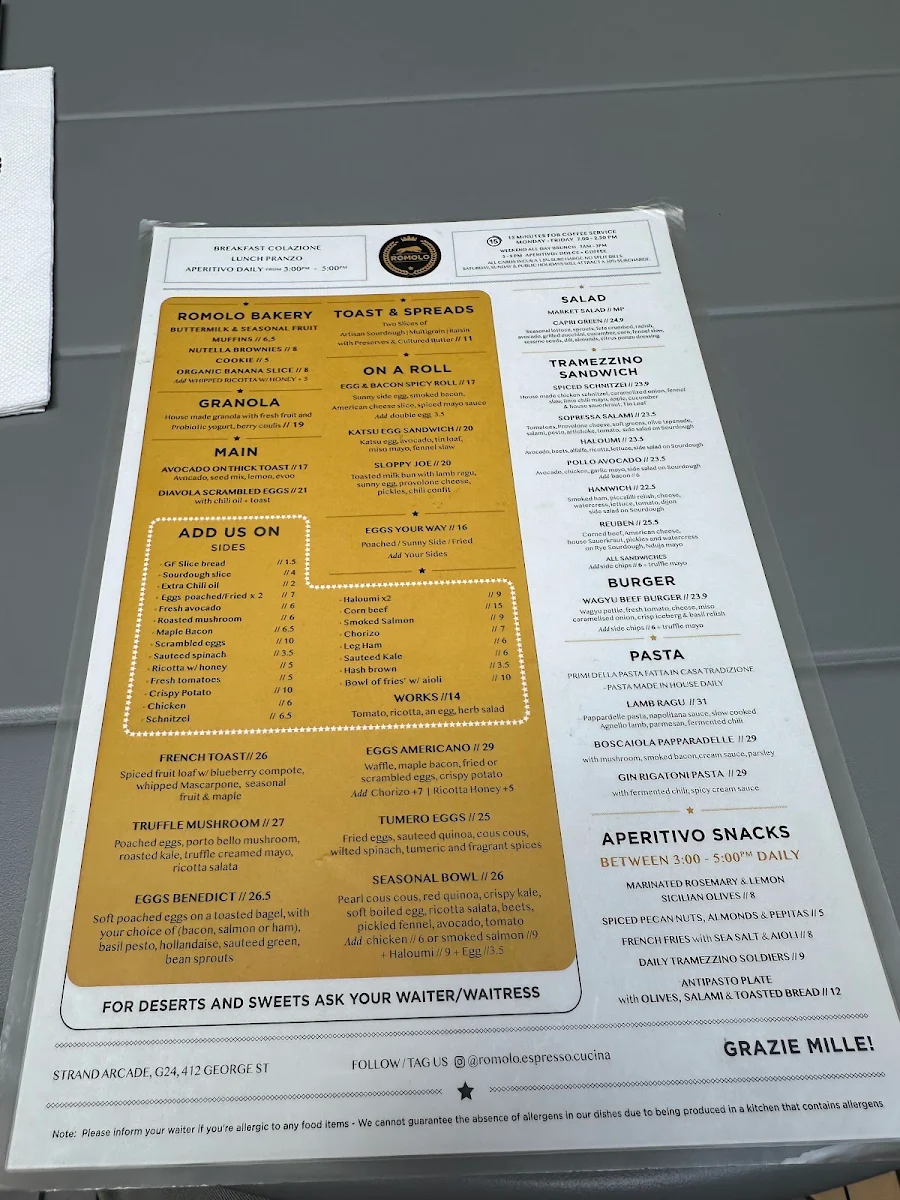 Menu, Romolo Espresso Cucina