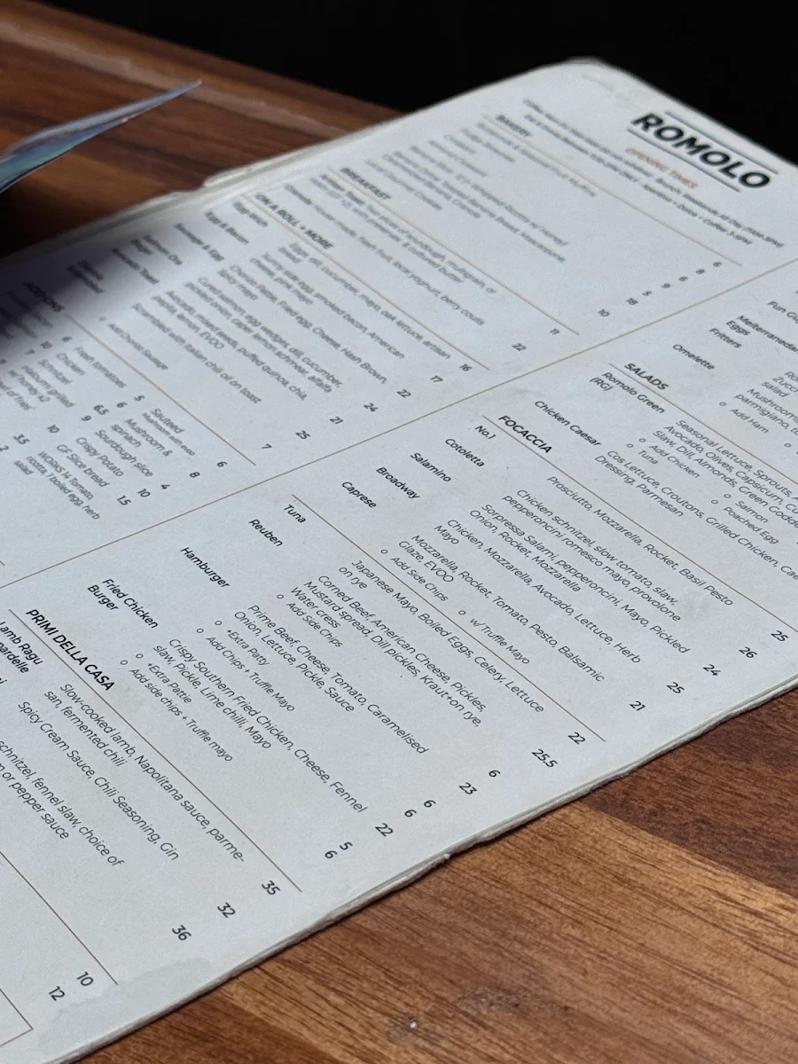 Menu, Romolo Espresso Cucina