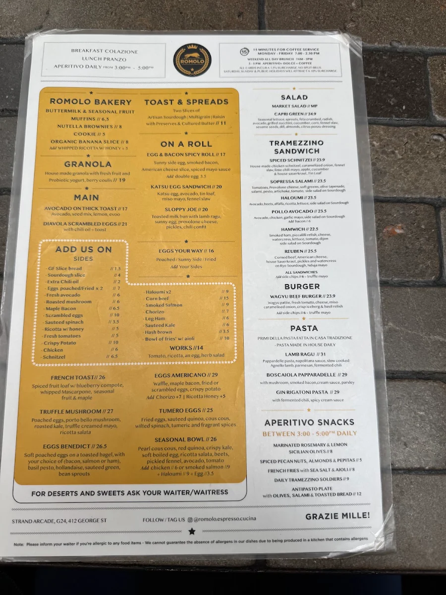 Menu, Romolo Espresso Cucina