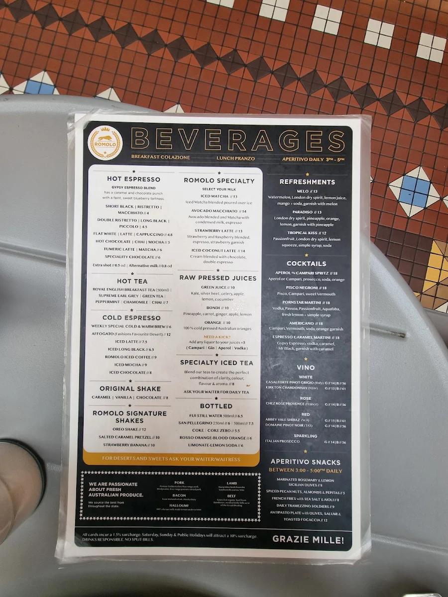 Menu, Romolo Espresso Cucina