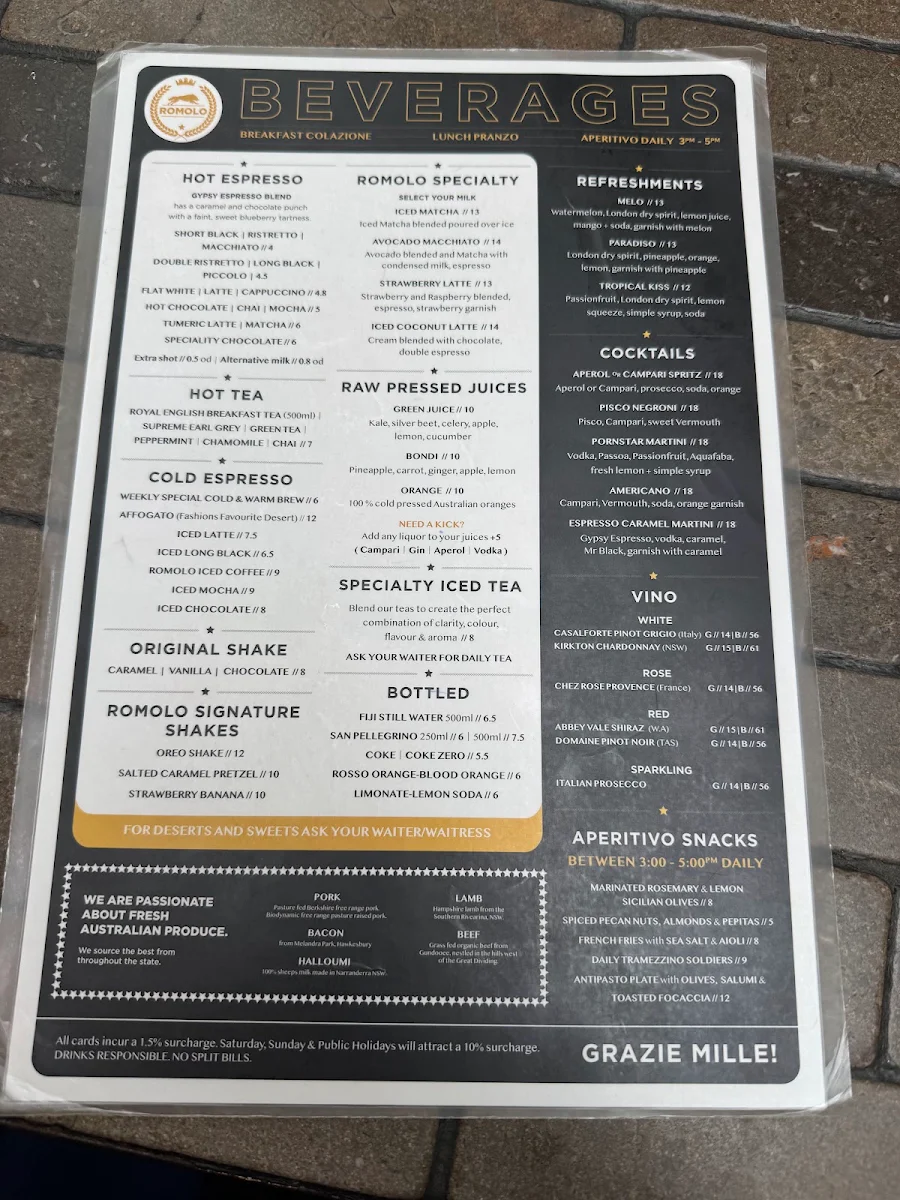 Menu, Romolo Espresso Cucina