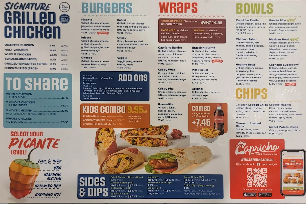 Menu, Capricho Grilled Chicken - Brunswick East