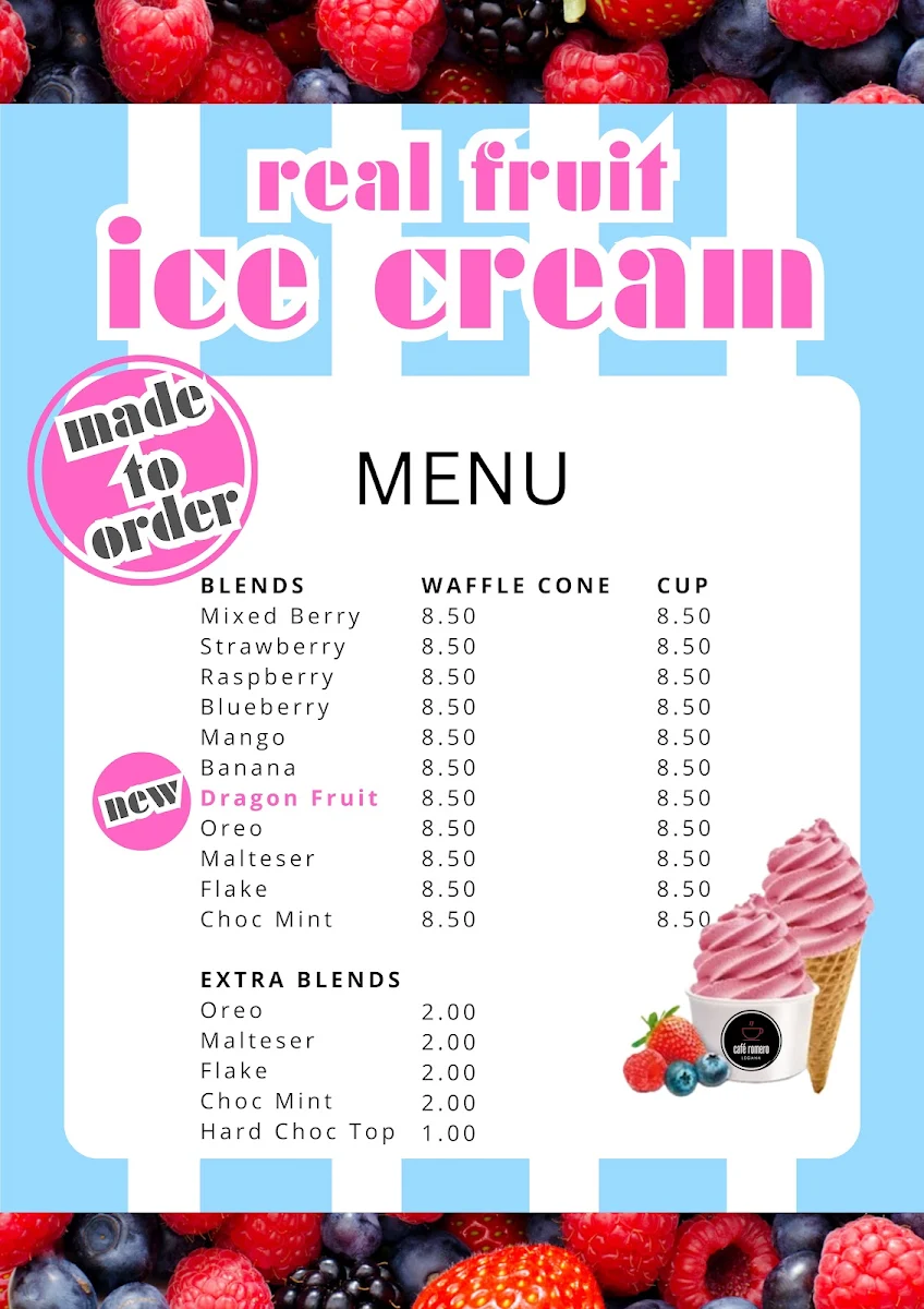 Menu, Cafe Romero