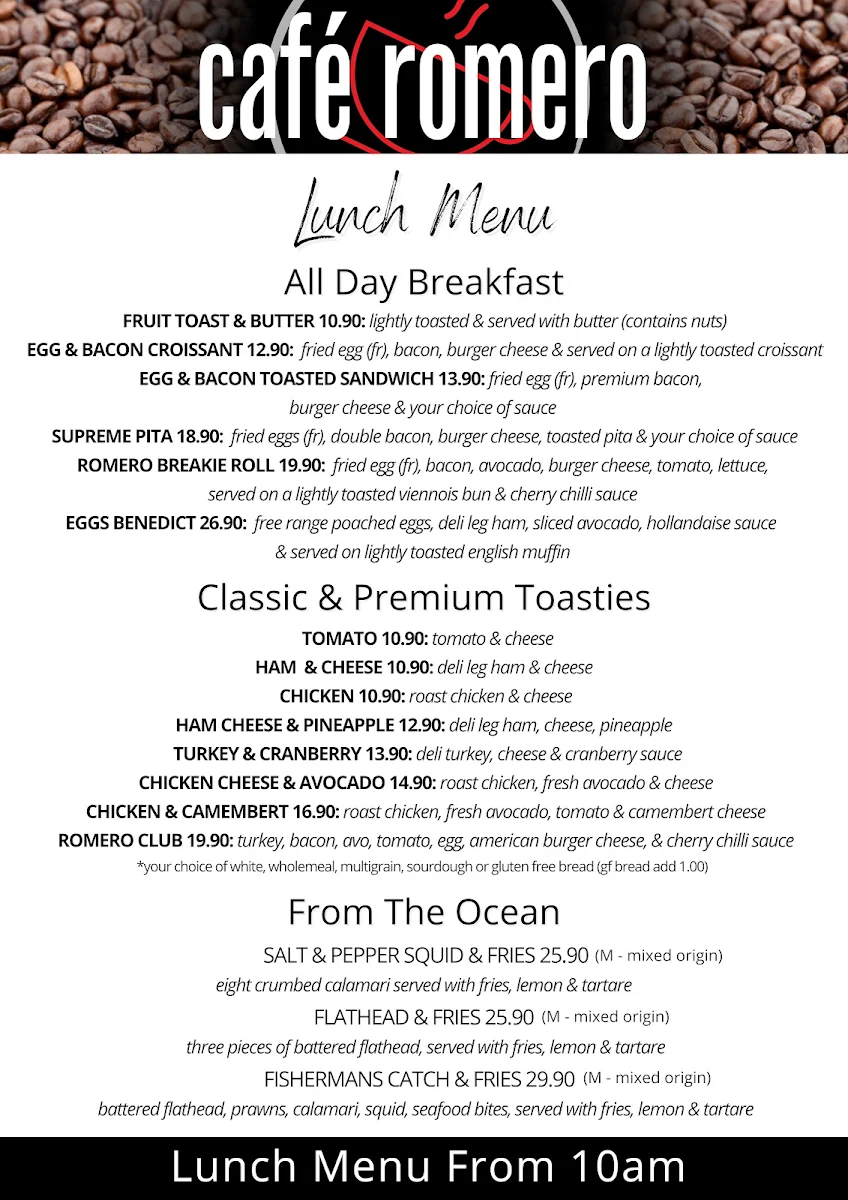 Menu, Cafe Romero