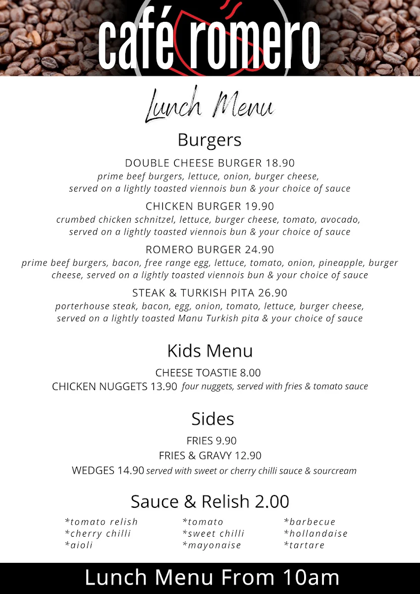 Menu, Cafe Romero