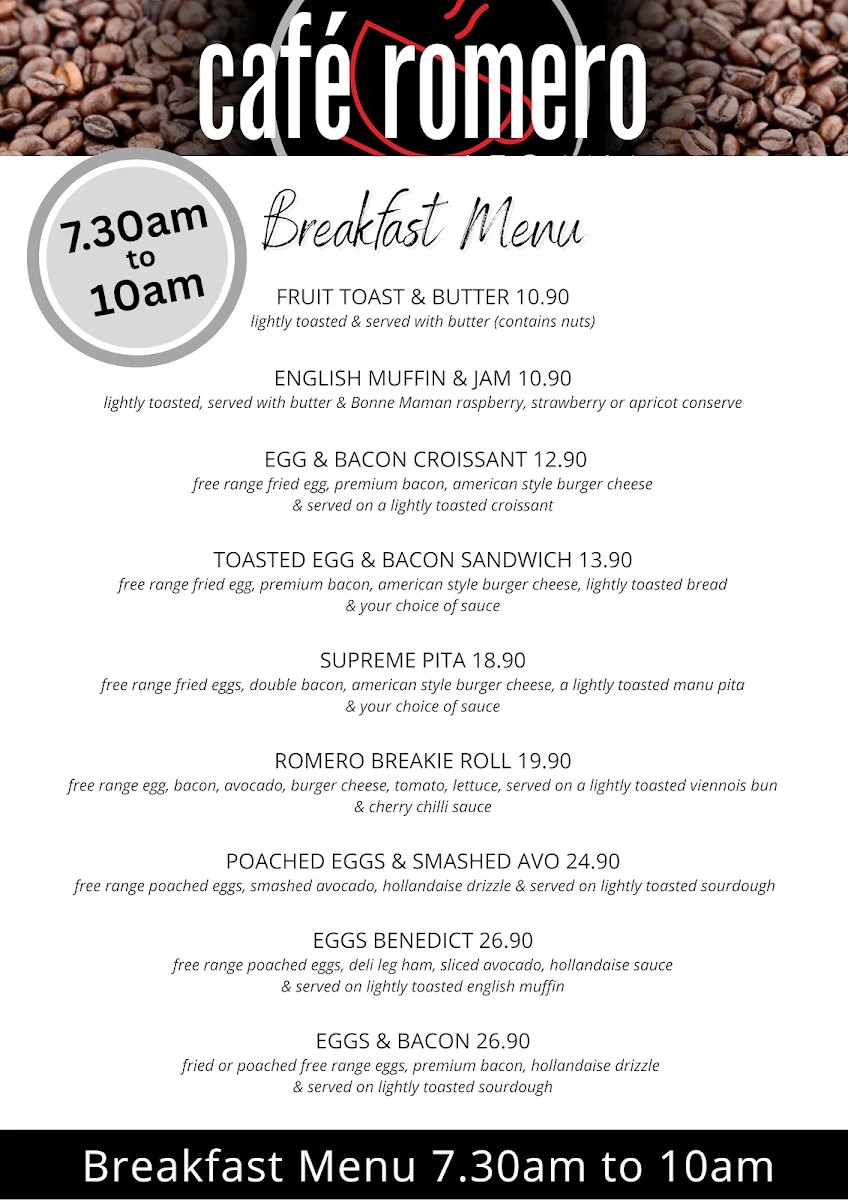 Menu, Cafe Romero