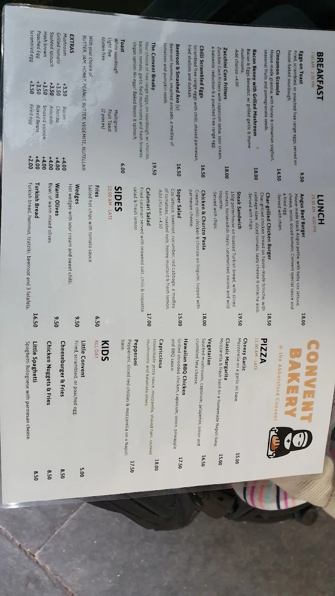 Menu, Convent Bakery