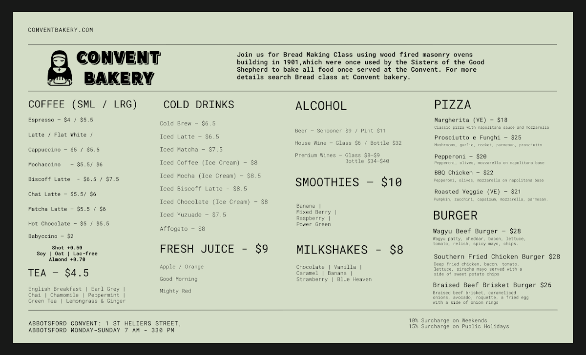 Menu, Convent Bakery