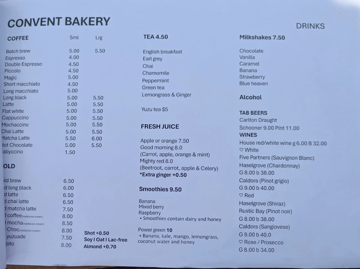 Menu, Convent Bakery