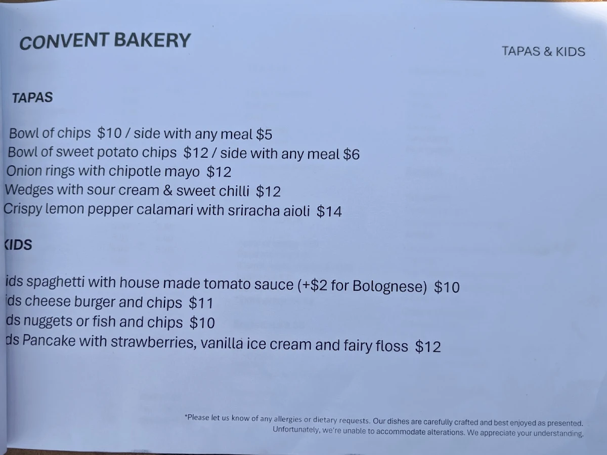 Menu, Convent Bakery