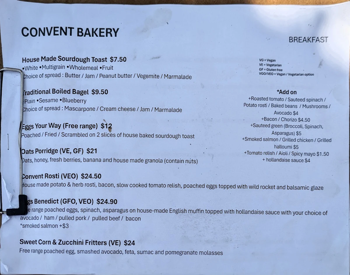 Menu, Convent Bakery