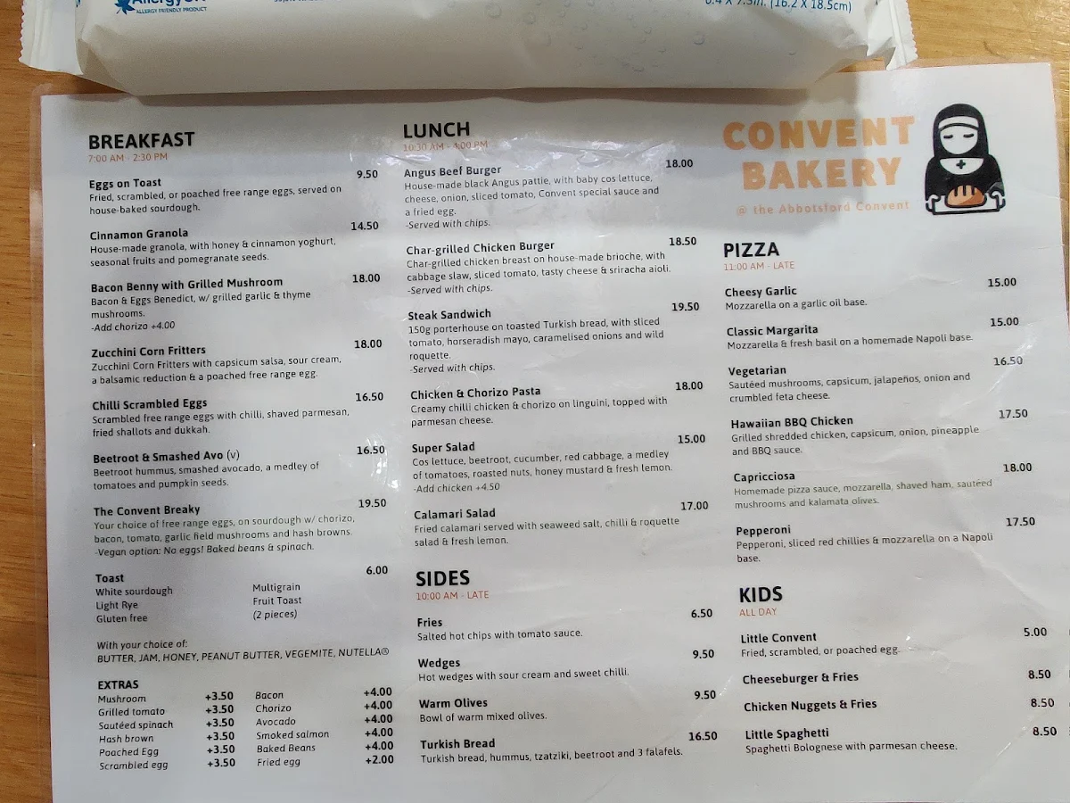 Menu, Convent Bakery