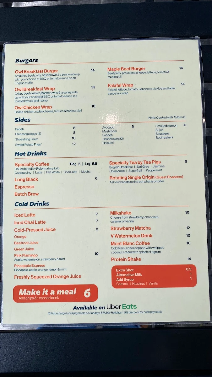 Menu, Morning Owl