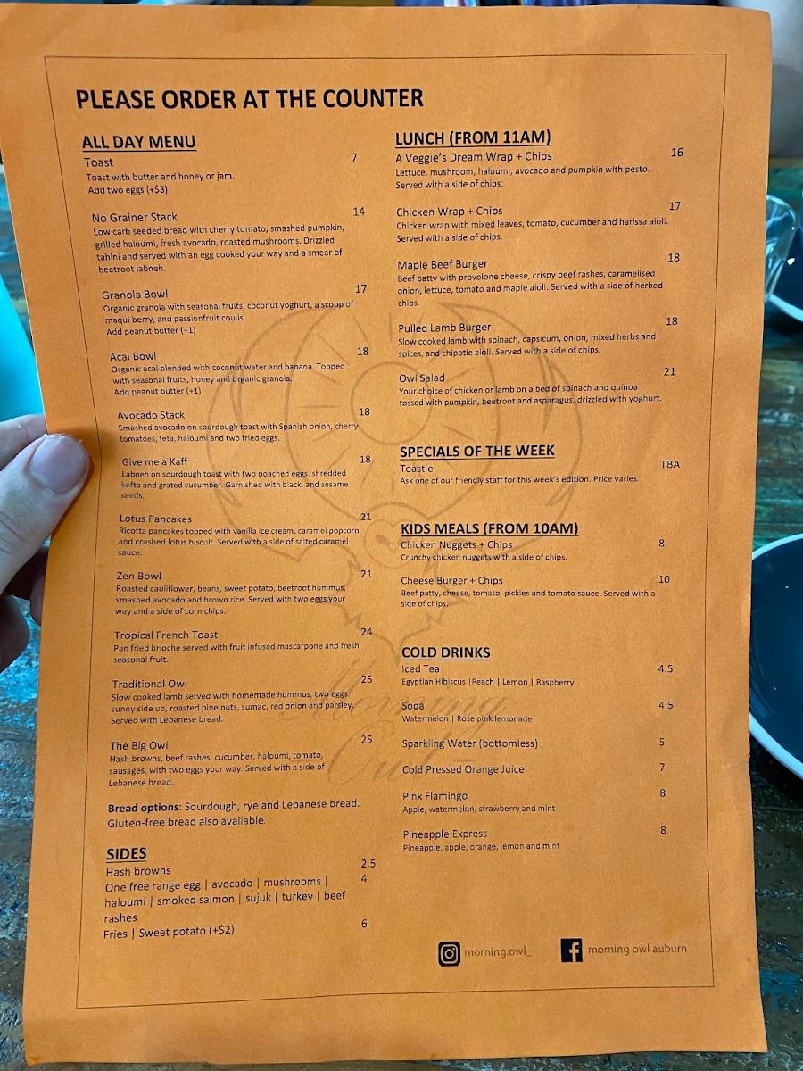 Menu, Morning Owl