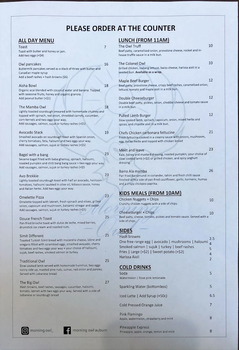 Menu, Morning Owl