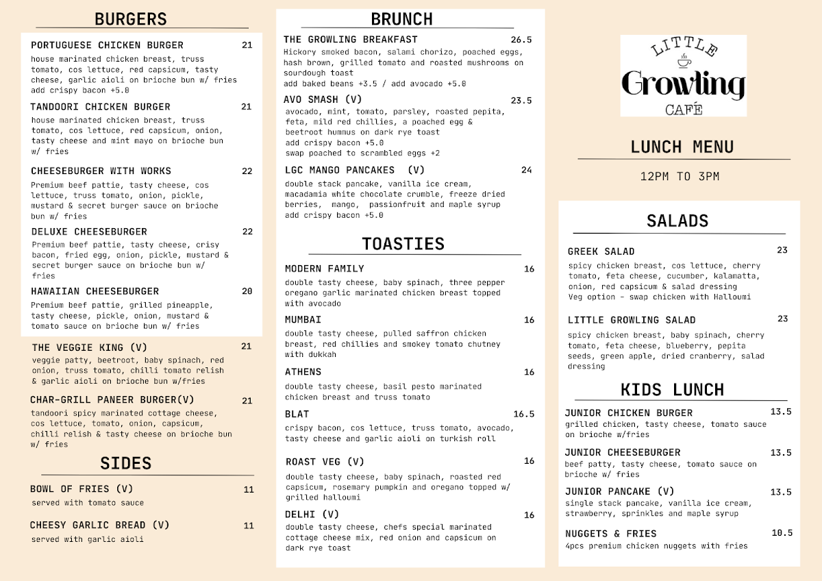 Menu, Little Growling Cafe