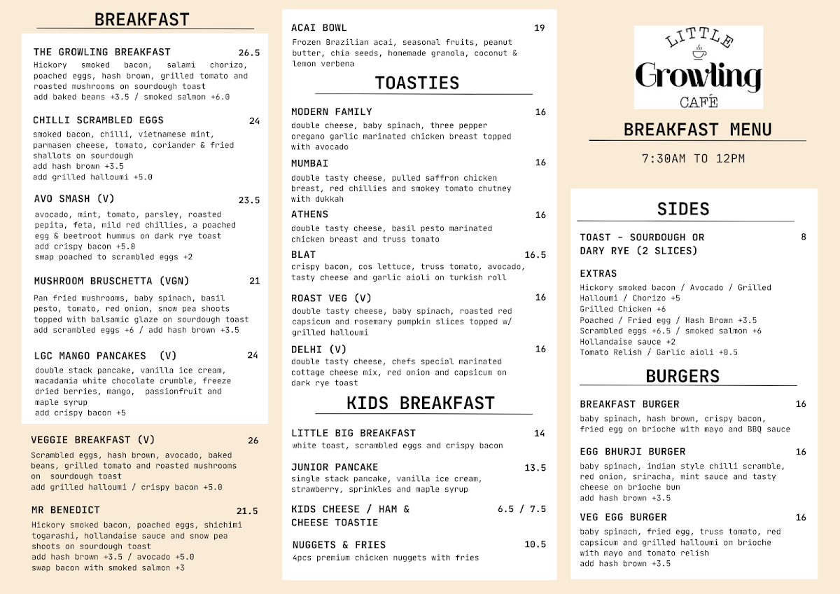 Menu, Little Growling Cafe