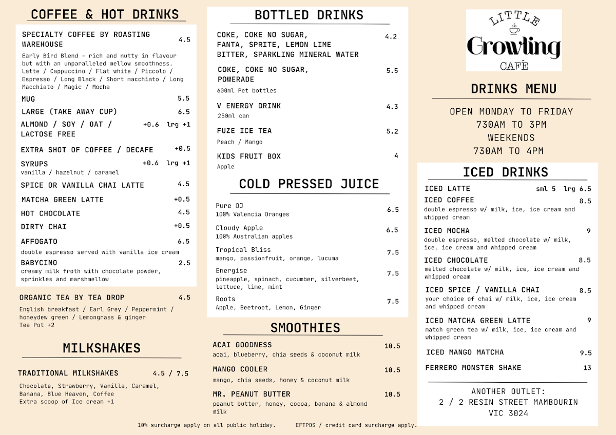 Menu, Little Growling Cafe