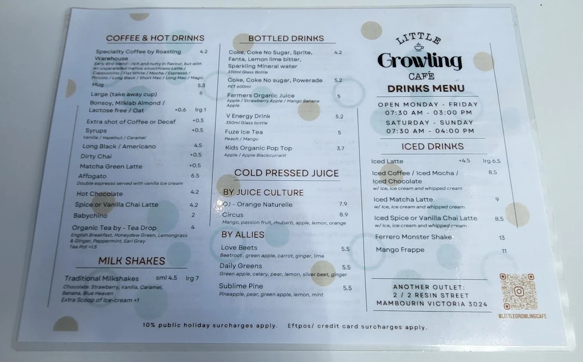 Menu, Little Growling Cafe