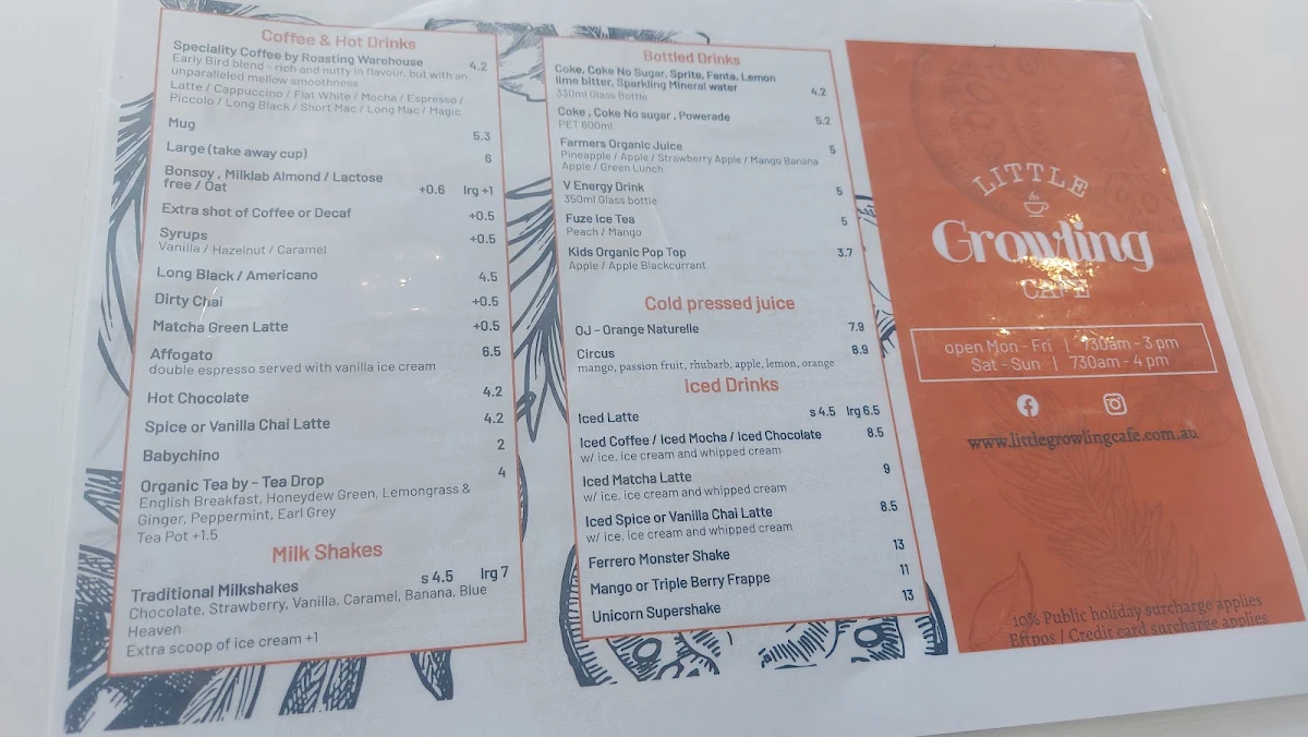 Menu, Little Growling Cafe