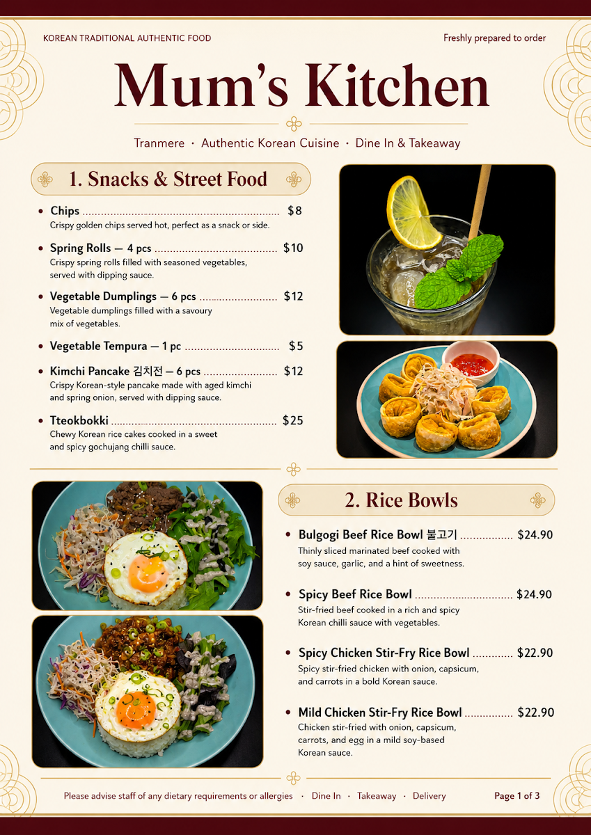 Menu, Mum`s Kitchen (엄마밥) - All About Korean Food