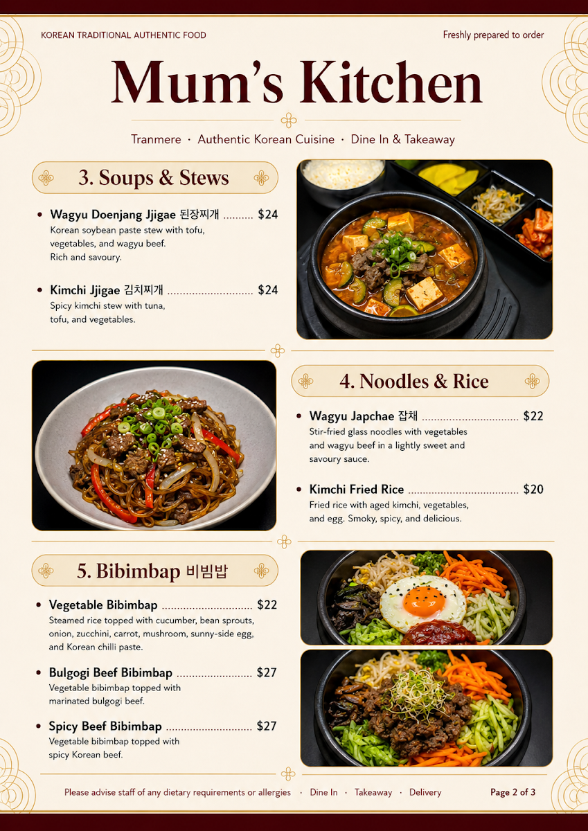 Menu, Mum`s Kitchen (엄마밥) - All About Korean Food