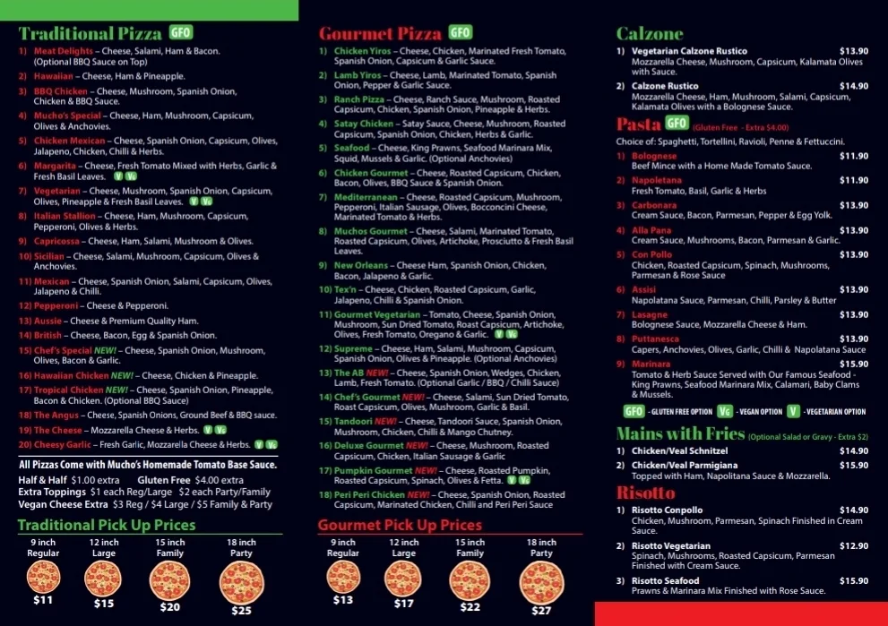 Menu, Mucho's Pizzeria