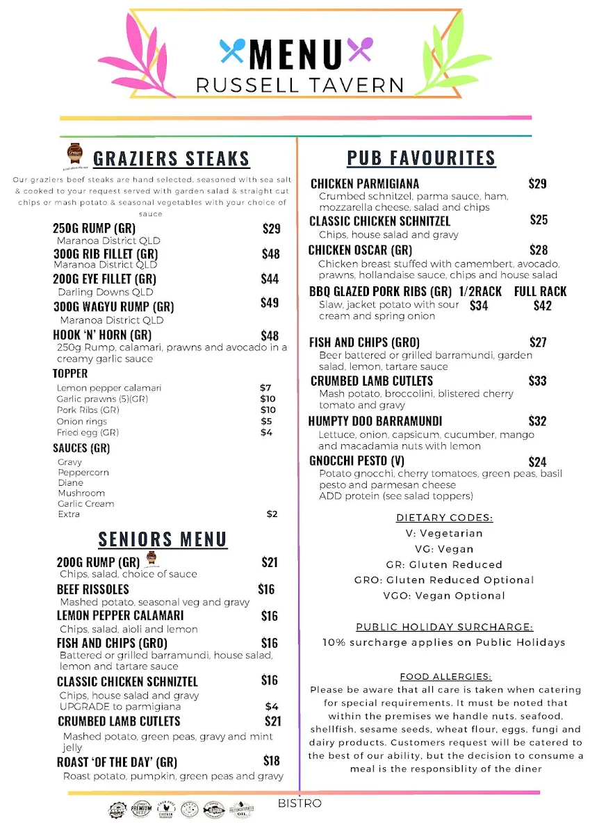 Menu, Russell Tavern