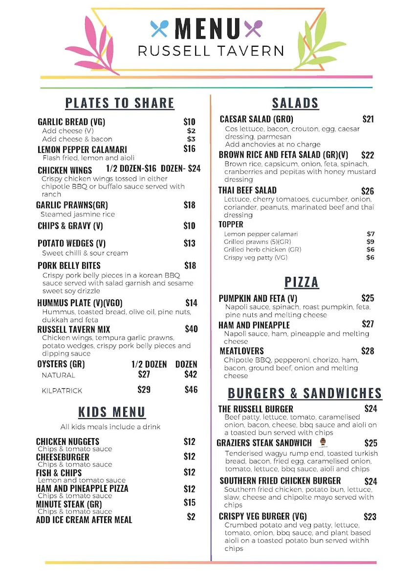 Menu, Russell Tavern