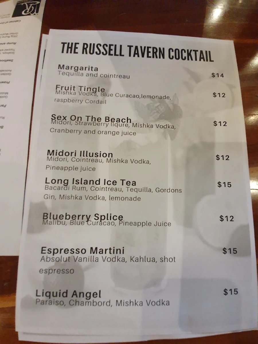 Menu, Russell Tavern
