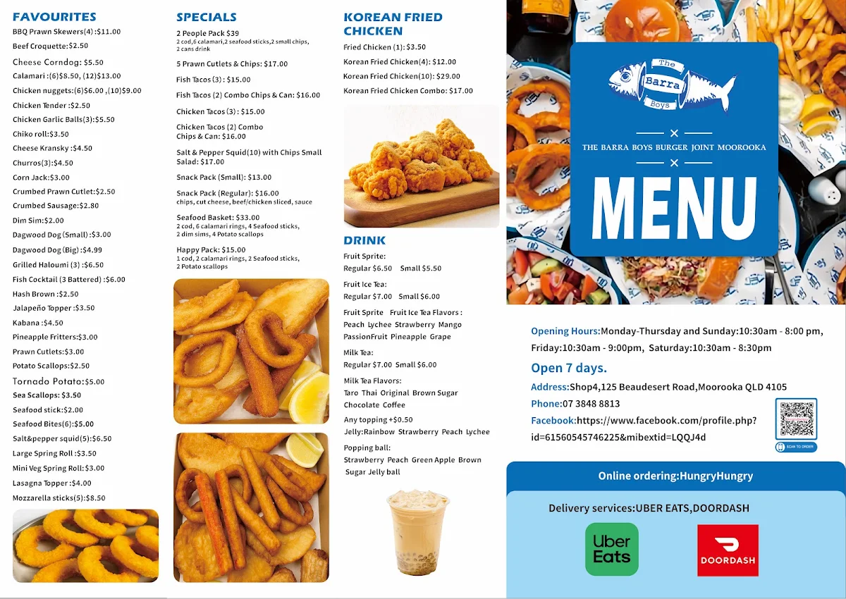 Menu, The Barra Boys Burger Joint Moorooka
