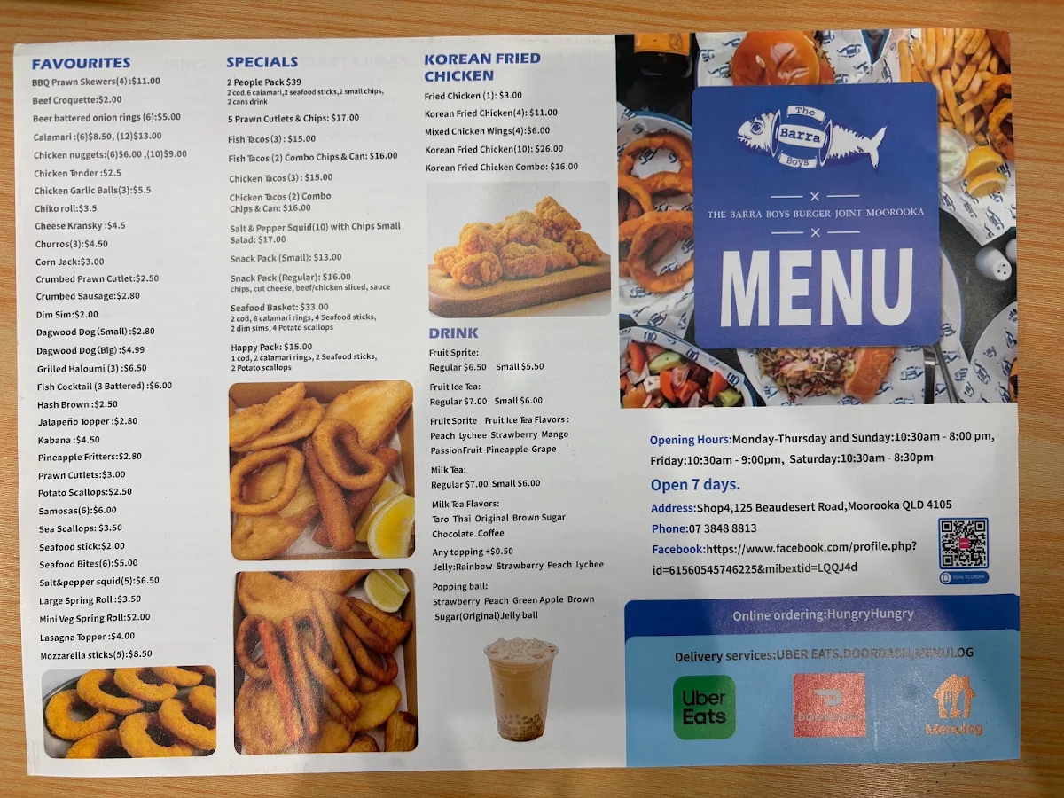 Menu, The Barra Boys Burger Joint Moorooka