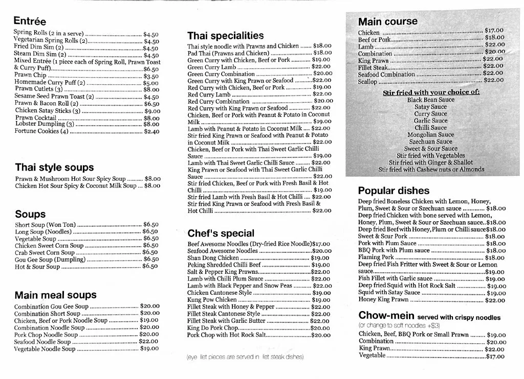 Menu, Noodle Castle Asian Cuisine