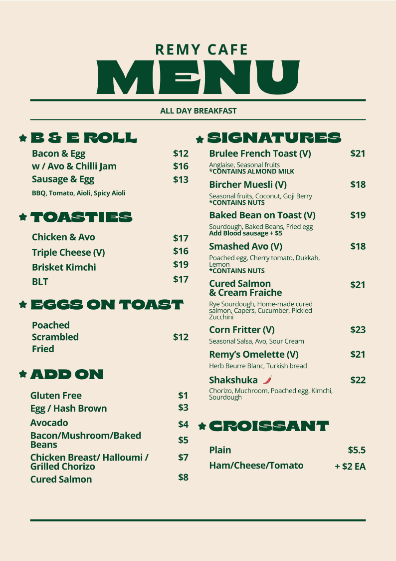 Menu, Remy Cafe & Bistro