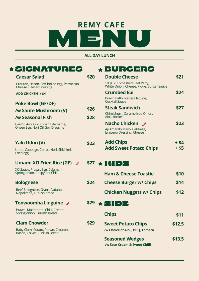 Menu, Remy Cafe & Bistro