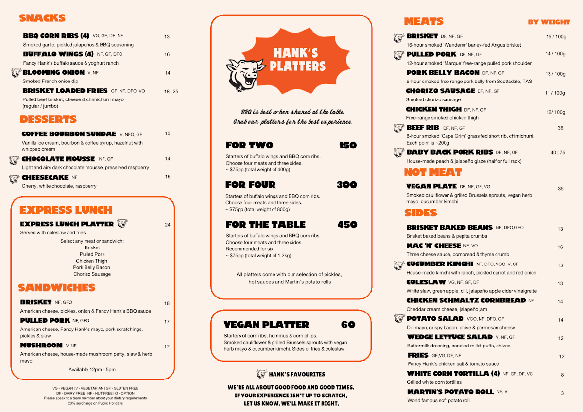 Menu, Fancy Hank's Barbecue Restaurant