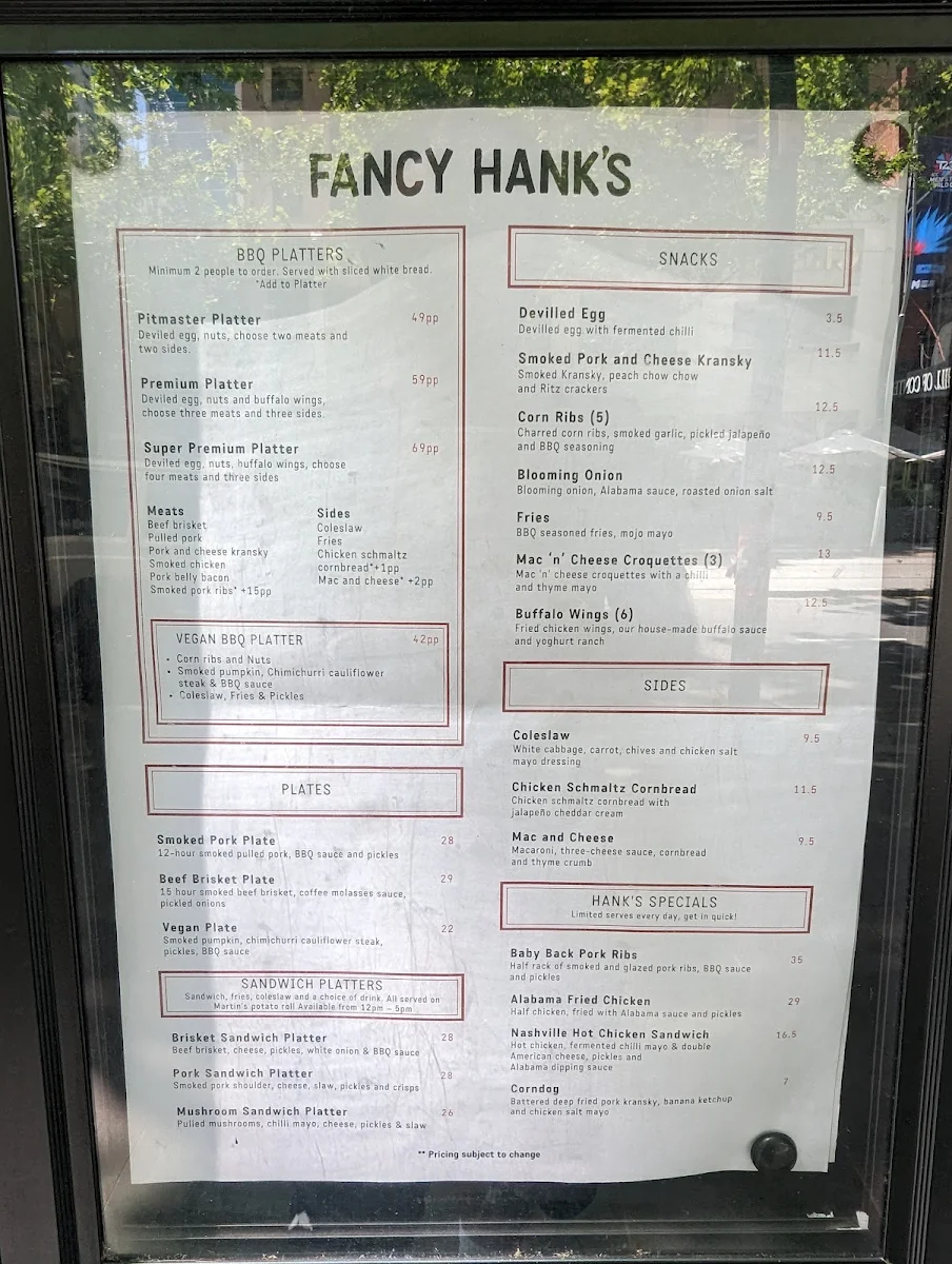 Menu, Fancy Hank's Barbecue Restaurant