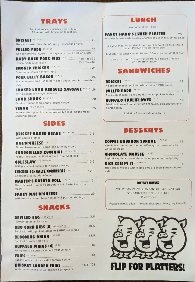 Menu, Fancy Hank's Barbecue Restaurant