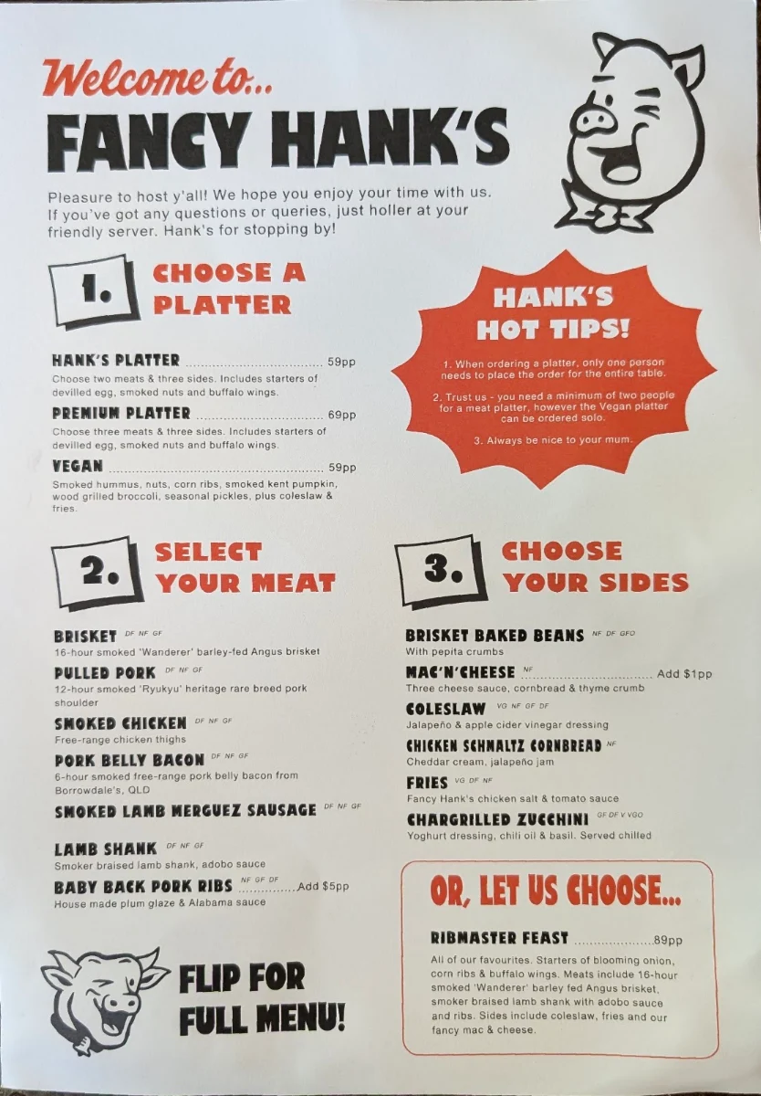 Menu, Fancy Hank's Barbecue Restaurant