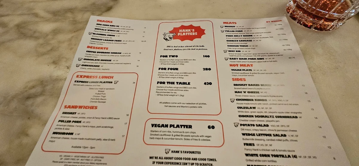 Menu, Fancy Hank's Barbecue Restaurant